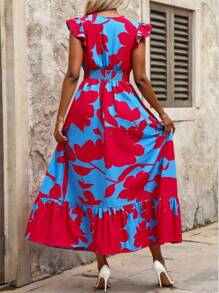 SHEIN Clasi Small Cap Sleeve Cinched Waist Ruffle Hem Maxi Dress,Bohemian Clothes - Multicolor - View 2