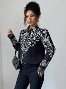 Elenzga 女士优雅秋季度假印花梭织衬衫
