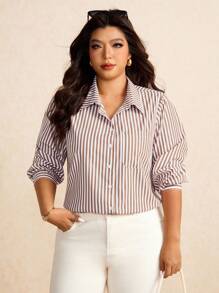 EMERY ROSE Plus Size Women Cotton Crisp Striped Shirt With Chest Pocket,White Sequence,Autumn,Smart Casual,Everyday Long Sleeve Curved Hem Blouse Commute Tops - Multicolor - View 1
