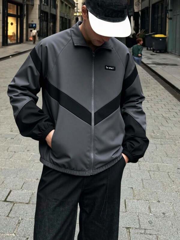 Chaqueta gris oscuro de estilo deportivo y casual con patchwork para adolescentes, de tela suave, elegante y versátil para la escuela, el transporte y los deportes al aire libre, para todas las estaciones