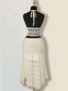 SHEIN ICON Conjunto de verano y primavera para mujer con falda asimétrica de cintura baja con volantes y top halter de cuello anudado de encaje jacquard texturizado en estilo bohemio retro y sexy en color albaricoque - Albaricoque - Ver 2