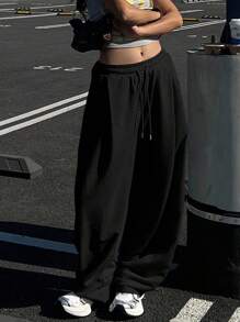 DAZY Women's Solid Color Loose Pleated Pants, Casual Sports Street Style, Thermal Lined, Autumn/Winter Sweatpants