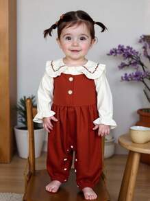 SHEIN Baby Girls' Embroidered Collar Blouse And Corduroy Suspender Pants 2pcs Set,Cute Vintage Fall Winter Clothes,Autumn Photoshoot All Shades Of Brown - Brown - View 3