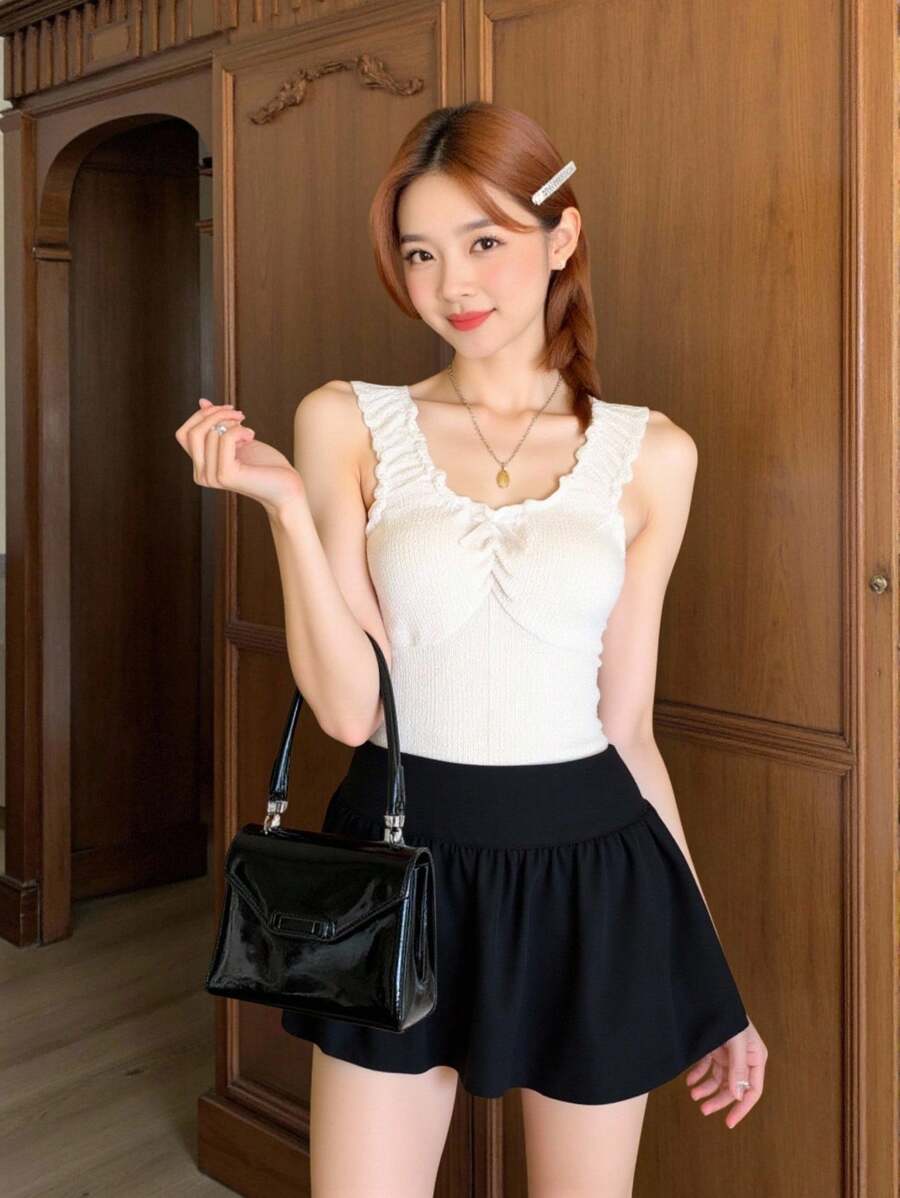 SHEIN 2件套少女荷叶边修身露脐上衣和高腰芭蕾舞裙式黑色郁金香裙套装 - 彩色 - 查看 1