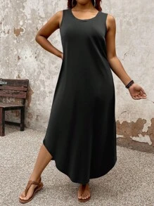 EMERY ROSE 2025 Summer New Round Neck Sleeveless Dress Women, European And American Style Leopard Print Hem Side Split Pullover Tank Top For Women