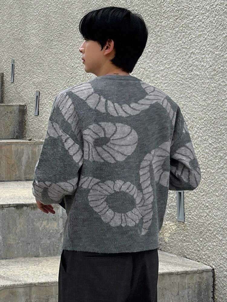 Men's Abstract Geometric Pattern Jacquard Letter Embroidery Street Style Sweater, Autumn