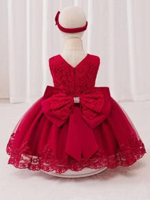 Glamorique Kids 女婴优雅蕾丝撞色网眼蝴蝶结装饰公主裙 - 酒紅色 - 查看 1