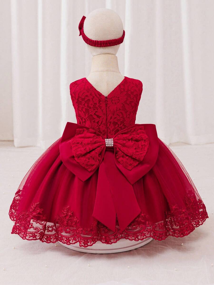 Glamorique Kids 女婴优雅蕾丝撞色网眼蝴蝶结装饰公主裙 - 酒紅色 - 查看 1