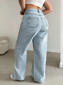 EURMUSE 100%Cotton HIGH RISE STRAIGHT CUT PLUS SZIE WOMEN JEAN - Light Wash - View 2