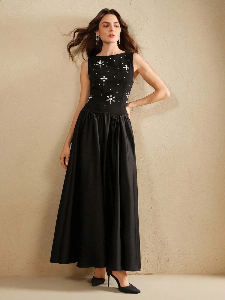 Women's Elegant Date Night Dress, Knit & Woven Patchwork, Black Sequin Embroidery & Bubble Sequins Rhinestone Decor Short Sleeve A-Line Maxi Dress, Autumn