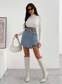 EURMUSE WOMEN MINI SKIRT MEDIUM WASH BUTTON DETAIL - Light Wash - View 5