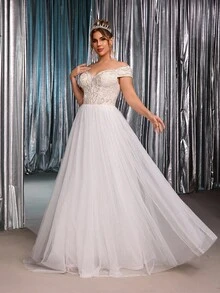 Glamrae Váy cưới chữ A bằng vải tuyn thêu hoa văn ren Pháp sang trọng, lãng mạn, màu trắng cỡ lớn, hở vai, trang trí hạt thủ công - trắng - Xem 3