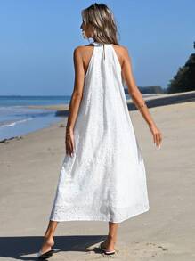 RueChic Tunic Dress With Eyelet Embroidery, Keyhole At The Back, Halterneck, Long Length - White - View 2