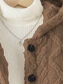 SHEIN 青少年女孩休闲宽松单排扣连帽蓬松夹克，长袖