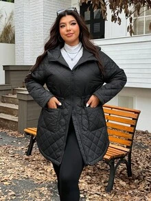 SHEIN EZwear 2025秋冬新款休闲连帽绗缝复合面料保暖可调节腰部长袖中长宽松大码加厚外套，适合外出、日常、聚会、约会等多种场合 - 黑色 - 查看 4