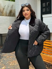 SHEIN EZwear 大码女式纯色羊毛翻领长袖休闲冬季夹克 - 黑色 - 查看 6