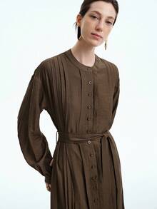 Aalyst 女士休闲纯色长袖连衣裙，前绑带设计，腰带，A 字下摆，通勤和外出百搭，秋季 - 棕色 - 查看 3