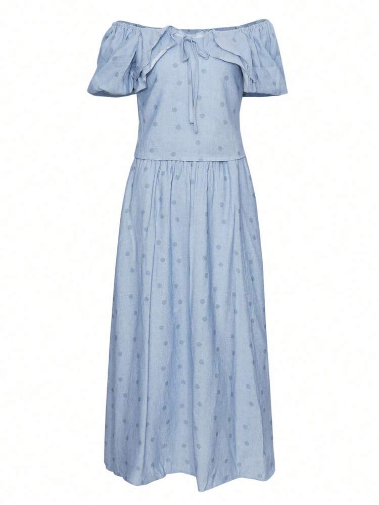 2pcs Women Polka Dot Square Collar Ruffle Tie Blouse And Elastic Waist A-Line Skirt Set Off Shoulder Top