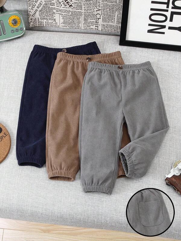 3pcs Toddler Infant Baby Boys Casual Gentleman Pocket Button Decor Cuffed Pants Set, Suitable For Daily Wear, Vacation, Party, Birthday, 3M-3Y