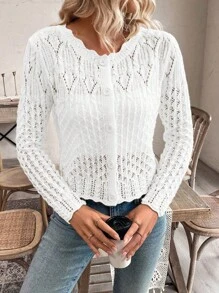 Calvaya Cárdigan de punto con cuello redondo, botones delanteros y diseño hueco para mujer