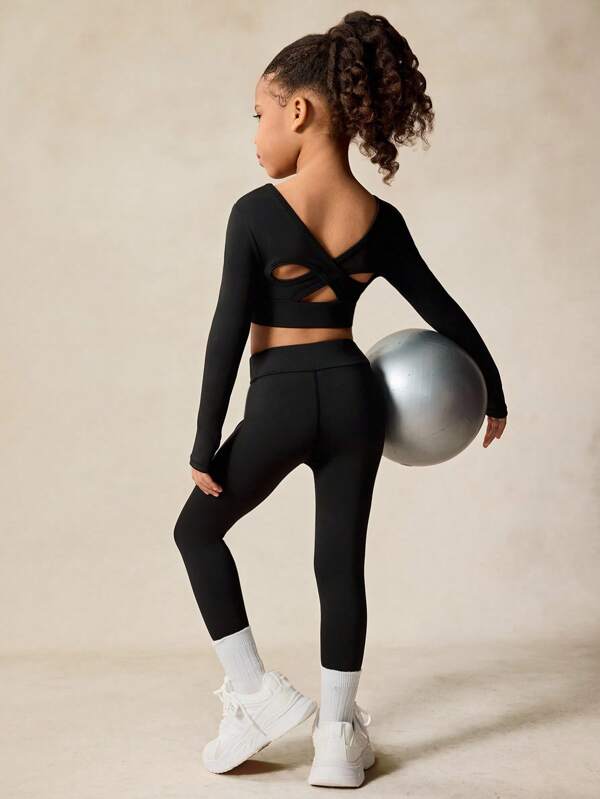 Young Girls Active Wear Set, High Stretch Long Sleeve, Criss-Cross Hollow Back Design Sportswear, Back To School, Casual Fall Winter