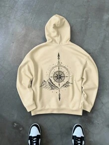 Manfinity EMRG 卡其色休闲连帽落肩卫衣，罗纹针织细节，几何印花山峰图案连帽衫，指南针图案连帽衫，米色，秋冬款，长袖上衣 - 卡其色 - 查看 3