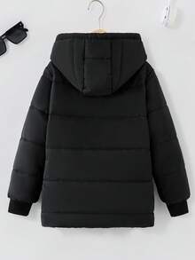 SHEIN 青少年女孩纯色长袖拉链连帽羊毛休闲冬季夹克 - 棕色 - 查看 2