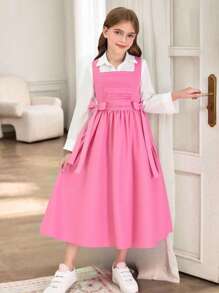 SHEIN Teenager Mädchen Lässiges, süßes & elegantes Hemdkleid Set, mit plissiertem Design an der Brust und Schleife an der Taille, Kragen Hemd, geeignet für Einkaufen, Ausgehen, Spazierengehen und Schule - Pink - Übersicht 8