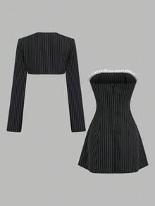 Sweetra Women's Retro Striped Blazer Design Lace Bowknot Waist Slim Fit Halter Dress Set, Elegant Style Fall Cloth For Women