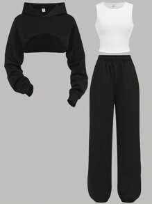 Girlism 少女黑色基本款运动休闲长袖短款连帽运动衫、白色基本款运动背心和黑色休闲运动裤套装 3 件套，开学季，户外运动服，运动服，秋季服装，演唱会服装