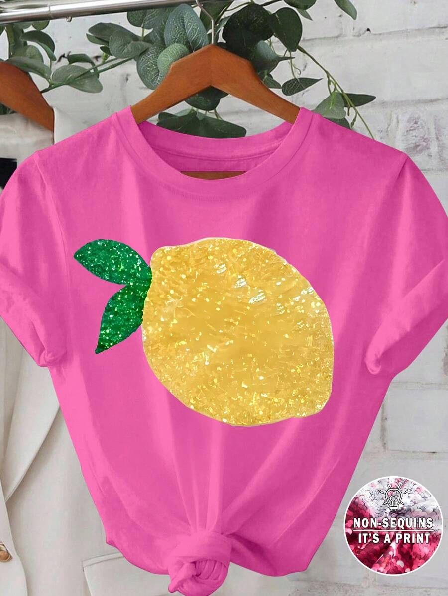 INAWLY Women's Summer Lemon Print Round Neck Short Sleeve Casual Loose T-Shirt - Hot Pink - View 1