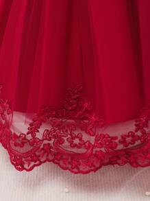 Glamorique Kids 女婴优雅蕾丝撞色网眼蝴蝶结装饰公主裙 - 酒紅色 - 查看 5