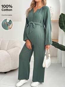 SHEIN 孕妇纯色纽扣半襟插肩灯笼袖口袋阔腿休闲连体裤 - 綠色 - 查看 1