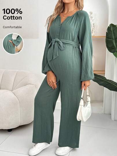 SHEIN Graviditetsjumpsuit med enfärgad knapp och halv slåjd, raglanärm och ficka, vida ben, avslappnad