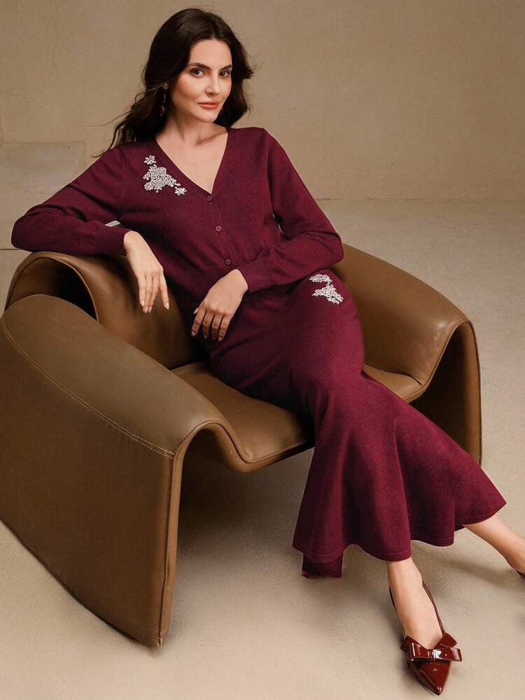 Robe tailleur pour femme, élégante pour soirée, bordeaux, jupe sirène à taille élastique ornée de strass faits main, cardigan à manches longues col V. Convient pour Noël, Halloween, automne/hiver