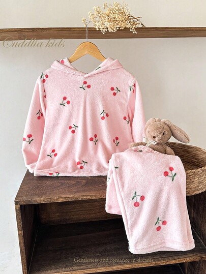 2 件女童樱桃印花连帽衫和裤子套装，可爱甜美的家居服