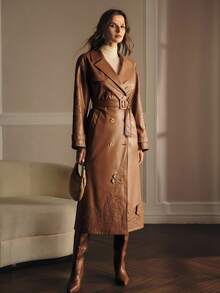 MOTF PREMIUM ABRIGO TRENCH DE PU CON BORDADO FLORAL - Marrón Chocolate - Ver 5