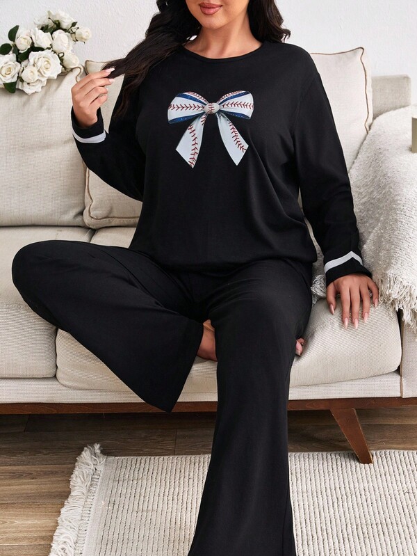 Conjunto de pijama plus size de algodão com estampa de borboleta e manga comprida e calça