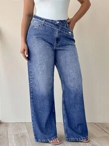 EURMUSE 100% Cotton Plus High Waist Asymmetric Belt Wide Leg Jean - Dark Wash - View 7