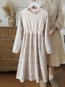 Vintaside Kids Mädchen Khaki gestricktes Jacquard Patchwork Cord Blumen Vintage Landhaus Stil Kleid