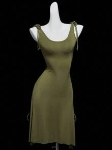 SHEIN ICON Backless Tie-Up Versatile Hem Mini Dress, Fitted - Dark Green - View 10