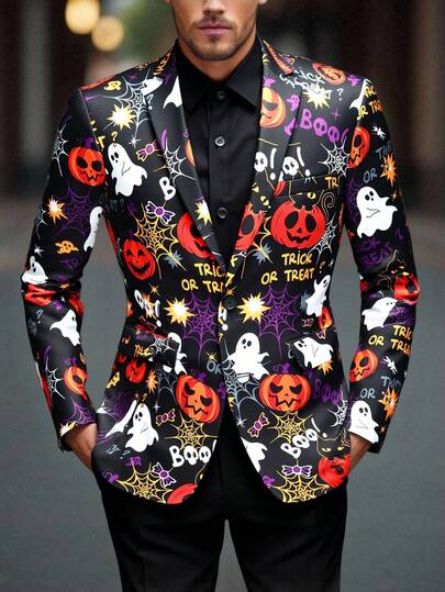 Calvornis Men Halloween Print Casual Long Sleeve Party Trick Or Treat Blazer, Formal, Old Money