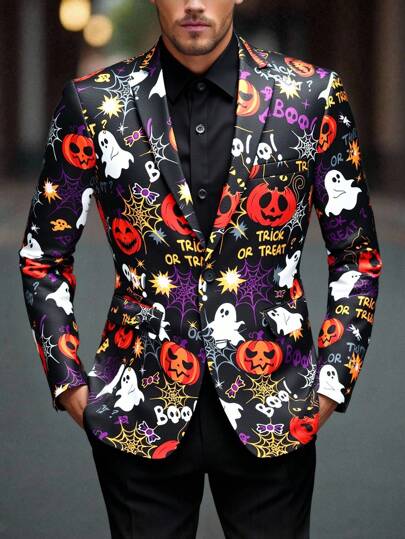 Manfinity AFTRDRK Men Halloween Print Casual Long Sleeve Blazer Party Trick Or Treat Blazer