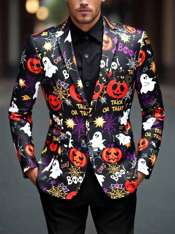 Calvornis Men Halloween Print Casual Long Sleeve Blazer Party Trick Or Treat Blazer