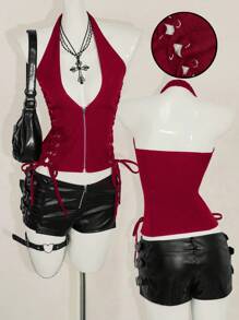 SHEIN ICON 夏季 Y2K V 领外出演唱会女士演唱会黑色哥特性感索环纯色时尚侧交叉带露背背心，夏季 - 酒紅色 - 查看 4