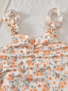 Set de vestido y cárdigan con estampado floral y volantes para niñas preadolescentes, 2 piezas - Naranja - Ver 5