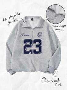 SHEIN EZwear 女士返校季，23号复古图案，露肩设计，复古风，秋季/度假风，宽松半拉链抓绒卫衣，适合秋冬季穿着