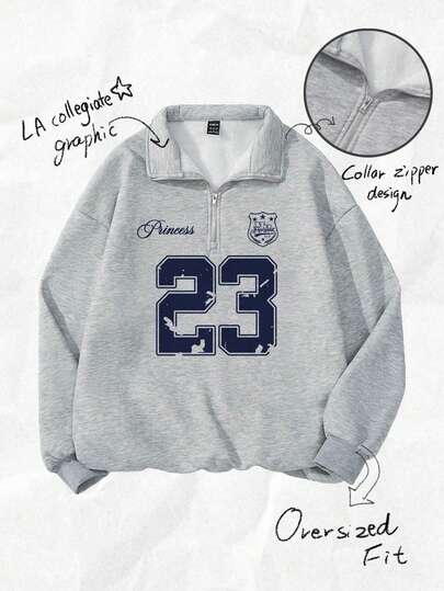 SHEIN EZwear 女士返校季，23号复古图案，露肩设计，复古风，秋季/度假风，宽松半拉链抓绒卫衣，适合秋冬季穿着