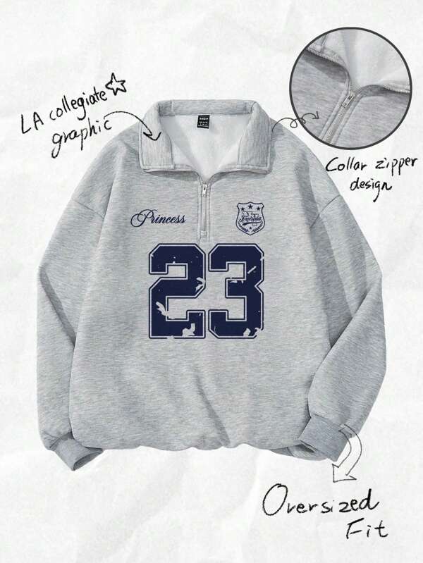 SHEIN EZwear 女士返校季，23号复古图案，露肩设计，复古风，秋季/度假风，宽松半拉链抓绒卫衣，适合秋冬季穿着