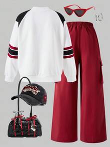 SHEIN Explorewe Tween Girl ME Tween Girl V-Neck Knit Comfortable Letter & Number Print Long Sleeve Sweatshirt And Wide Leg Pants Set, Suitable For Autumn/Winter - Burgundy - View 2